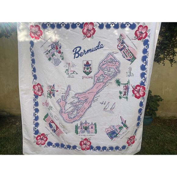 VTG Bermuda Card Table Tablecloth 1950's MCM Cottage Core - Picture 2 of 3